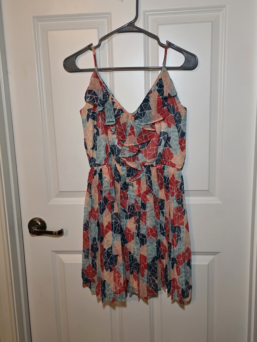BCBGeneration Sleeveless V-Neck Ruffle Summer Dress in Multi-Color Geo Print